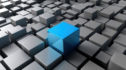 Unique Blue Cube Among Gray Cubes: Abstract 3D Render