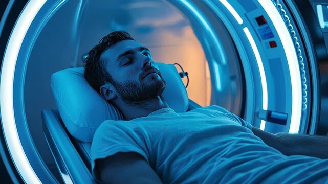 Biohacking with hyperbaric oxygen therapy, user in specialized chamber