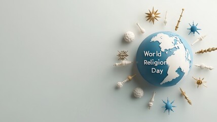 World religion day globe with cultural symbols on light background