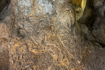 Interior of the large hall of old Karain cave, hidden in Mediterranean region. Confirms human habitation since the early Paleolithic age between 150,000 and 200,000 years ago.Yagca, Antalya, Turkey.