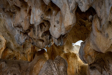 Interior of the large hall of old Karain cave, hidden in Mediterranean region. Confirms human habitation since the early Paleolithic age between 150,000 and 200,000 years ago.Yagca, Antalya, Turkey.