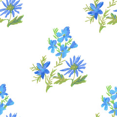 Blue flowers with green leaves wax crayons seamless pattern on white isolated background. Textural and botanical repeating pattern. Design for textiles, wrapping paper and wallpaper.
