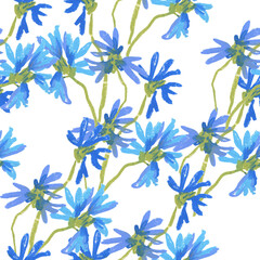 Blue flowers with green leaves wax crayons seamless pattern on white isolated background. Textural and botanical repeating pattern. Design for textiles, wrapping paper and wallpaper.