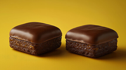 Obraz premium Two chocolate-covered brownies on yellow background.