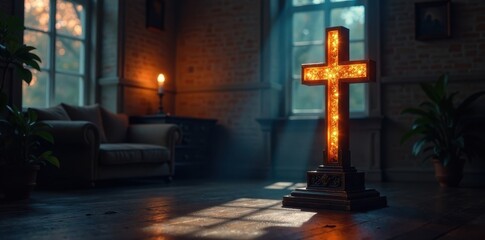 Glowing crucifix cross in a dark room with soft light filtering through the window, dark, cross