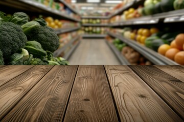 Fototapeta premium Fresh Vegetables and Fruits Displayed on Grocery Shelves with Wooden Table in Foreground, Representing Healthy Eating and Sustainable Living Choices