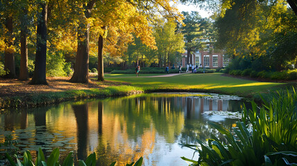 Serene Autumn Day at a College Campus: Picturesque Pond and Golden Trees
