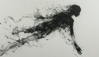 Abstract Ink Drawing of a Disintegrating Figure