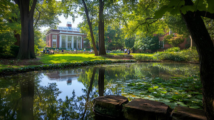Obraz premium Serene University Campus: Picturesque Pond and Building Reflection