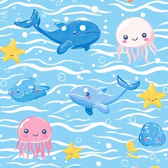 A playful ocean-themed pattern with cute cartoon whales, starfish, and jellyfish, illustrated with rosy cheeks and big eyes, floating among waves and bubbles on a light blue background. 