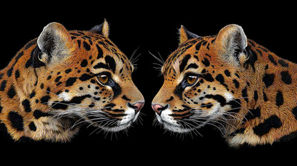 Two ocelots face each other on black background.
