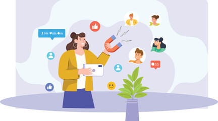 04An illustration depicting interactive social media followers growth, featuring a digital platform with a dynamic graph showing an upward trend in follower numbers. 