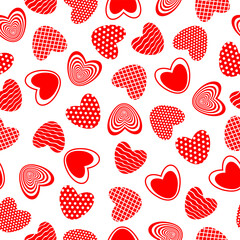 Seamless pattern with red hearts on white background. Design for fashion, fabric, textile, packaging paper, gift paper. Valentines day concept.