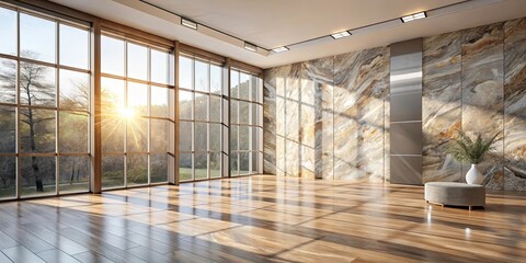 Sunlit Modern Interior with Expansive Windows and Stone Wall