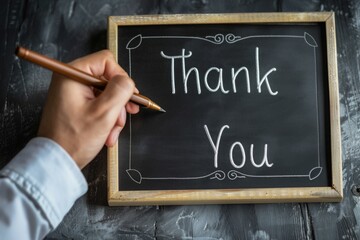 A person is writing the word "thank" on a chalkboard