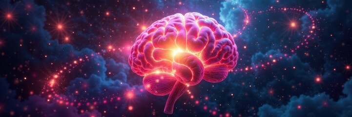 Fototapeta premium Radiant cerebral cortex with swirling vortex of light and distorted geometry, circuitry, science fiction, neon lights