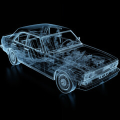 Naklejka premium 3D transparent view of retro car showcasing its internal components and design features