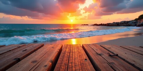 Fototapeta premium Smooth wooden plank laid on a beach at sunset, sand, water