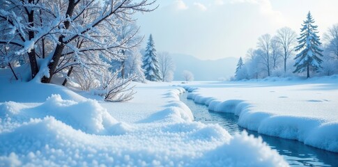 Obraz premium Snowy landscape with frosty blue ice and bare trees in the background, winter wonderland, frost, snow