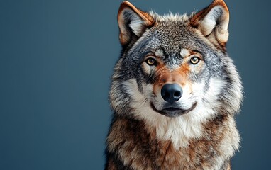 Obraz premium Close-up portrait of a wolf against a muted blue background.