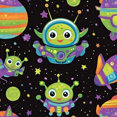 A seamless outer-space pattern featuring adorable cartoon aliens, spaceships, and colorful planets, all illustrated in bright shades of green, purple, and orange on a dark starry background. 