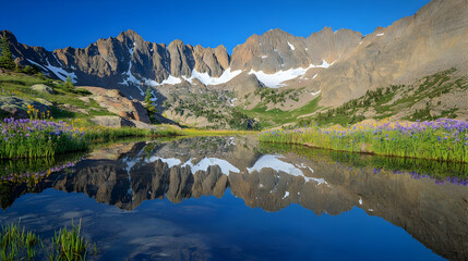 Majestic Mountain Lake Reflection with Wildflowers