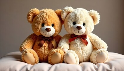 Obraz premium Two adorable teddy bears sitting side by side on a soft cushion, teddy bears, friendship