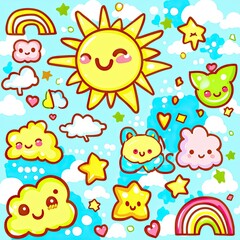 Naklejka premium A seamless weather-themed pattern with kawaii-style sun, clouds, rainbows, and raindrops, each with adorable smiling faces, scattered alongside tiny stars and hearts in pastel tones of blue, 