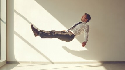 Young businessman floating in the air during a futuristic urban setting with modern skyscrapers and vibrant city lights, representing ambition, innovation, and professional growth in a surreal environ