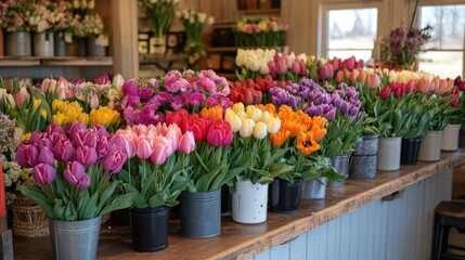 Colorful bouquets of tulips elegantly displayed on a florist's counter, showcasing the beauty and diversity of tulips