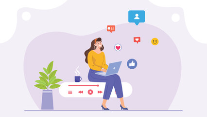 An illustration of an interactive media player, featuring a sleek interface with a video or audio playing, complete with controls like play, pause