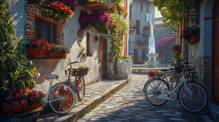 Charming European Village Street with Bikes and Flowers