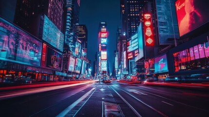 Vibrant nightlife neon lights and skyscrapers illuminate the urban street scene