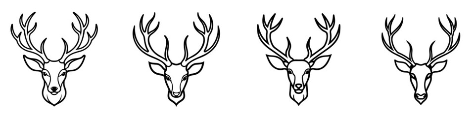 North reindeer. Set of black outline silhouettes of head of a Christmas deer with antlers. Vector illustration