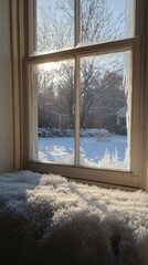 Obraz premium Morning sunlight streaming through frosted glass capturing the beauty of winter's chill