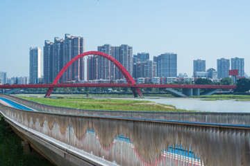 Landmark building of Rainbow Bridge in downtown Deyang City, Sichuan Province, China