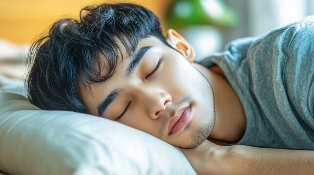 Young asian man sleeping peacefully on a pillow in soft daylight National Hangover Day