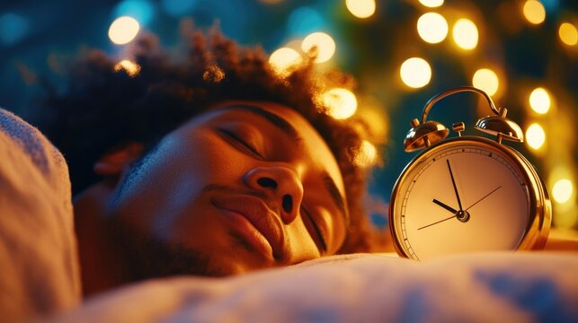 African american man sleeping peacefully with an alarm clock in cozy ambient light National Hangover Day - Powered by Adobe