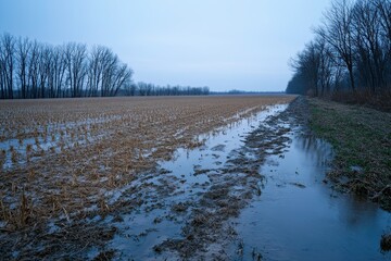 Vast Agriculture Landscape After Rain, Showing Reflections in Puddles on a Rural Farm Field with Bare Trees Under Gloomy Sky