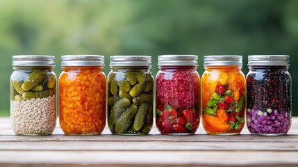 Colorful Jars of Preserved Vegetables and Fruits