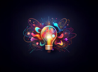 A vibrant lightbulb bursts with colorful energy, symbolizing innovation and creative brilliance.  The abstract design evokes a sense of dynamic progress and bright ideas.