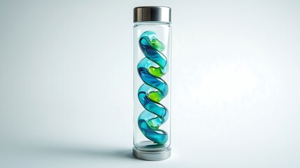 A metallic cylinder with intricate blue and green spiral wires inside, placed next to a transparent acrylic glass tube.