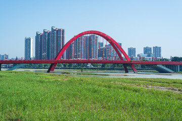 Landmark building of Rainbow Bridge in downtown Deyang City, Sichuan Province, China