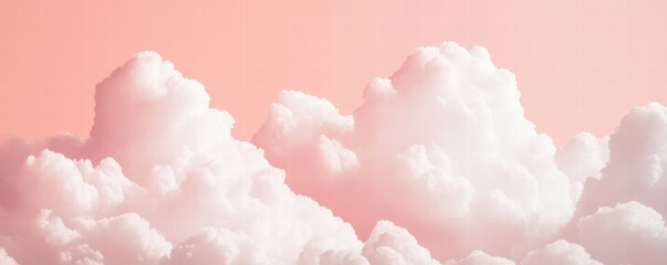 Fototapeta premium Pink pastel watercolor background with white clouds. Abstract pink sky banner template. White clouds in the pink sky. Happy Valentine's Day