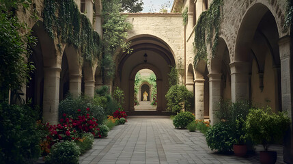 Obraz premium Serene Courtyard: A Tranquil Stone Archway and Garden
