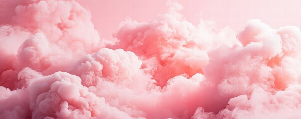 Fototapeta premium Pink pastel watercolor background with white clouds. Abstract pink sky banner template. White clouds in the pink sky. Happy Valentine's Day