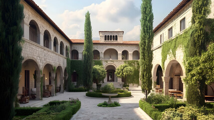 Fototapeta premium Serene Stone Courtyard: Italian Villa Architecture