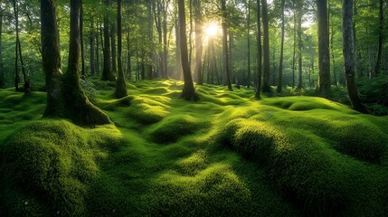 Obraz premium Sunlit forest floor covered in vibrant green moss.