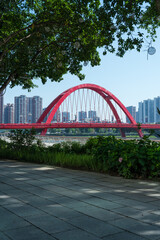 Landmark building of Rainbow Bridge in downtown Deyang City, Sichuan Province, China