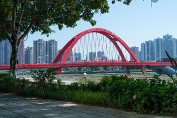 Landmark building of Rainbow Bridge in downtown Deyang City, Sichuan Province, China